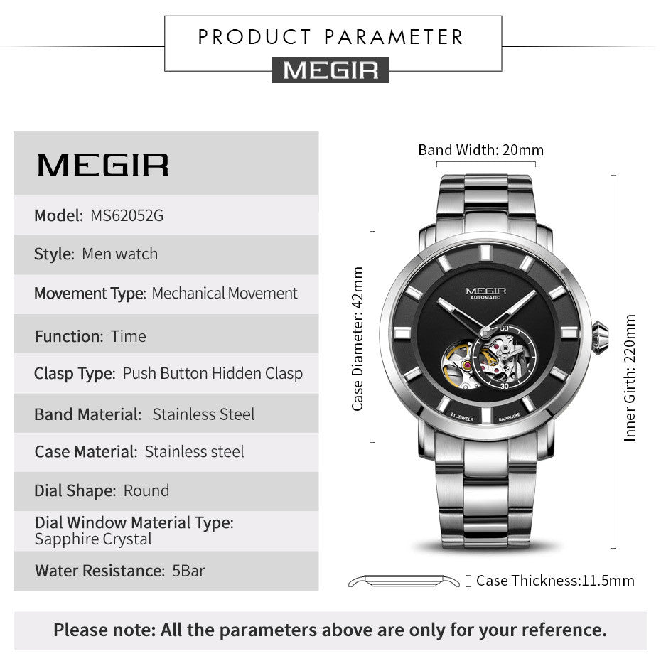 MEGIR Men Watch Hollow Out Automatic Mechanical Stainless Steel Wristwatch Waterproof Luxury Business Wrist Watch Montre Homme
