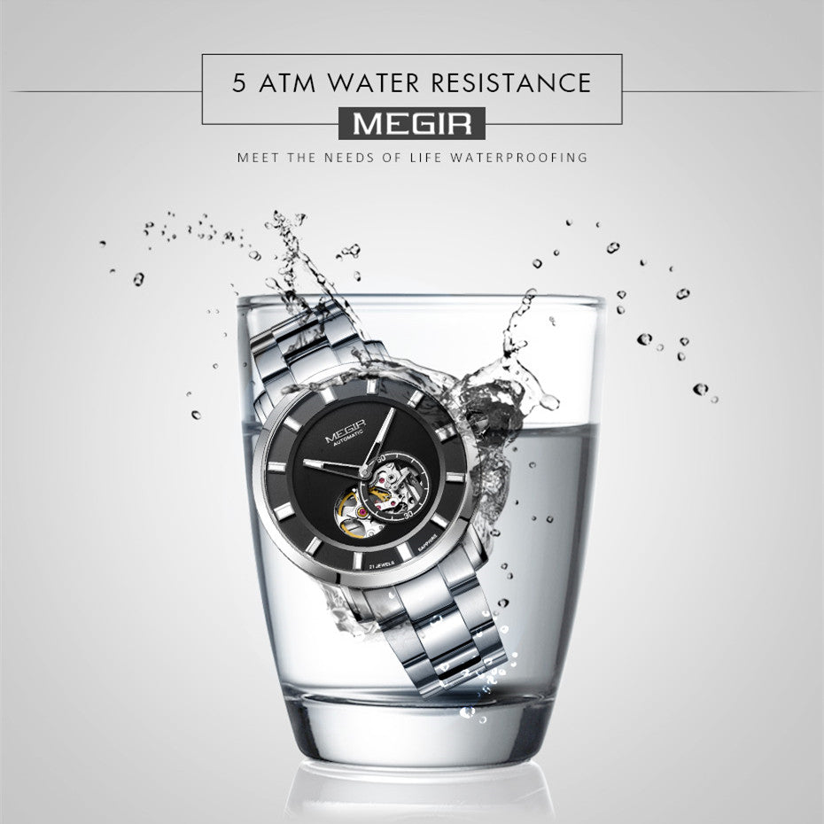 MEGIR Men Watch Hollow Out Automatic Mechanical Stainless Steel Wristwatch Waterproof Luxury Business Wrist Watch Montre Homme