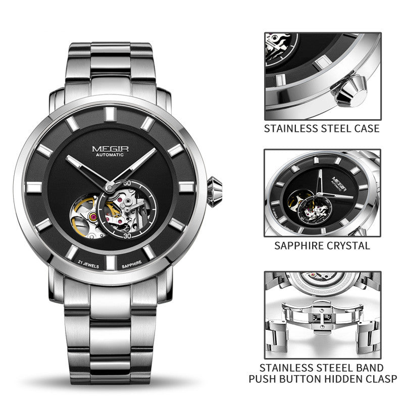 MEGIR Men Watch Hollow Out Automatic Mechanical Stainless Steel Wristwatch Waterproof Luxury Business Wrist Watch Montre Homme