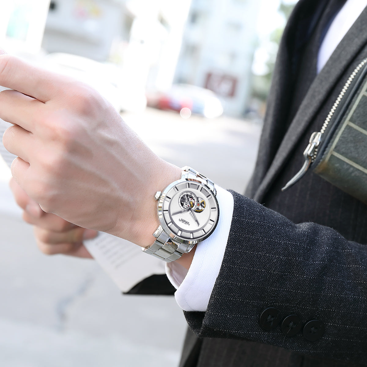 MEGIR Men Watch Hollow Out Automatic Mechanical Stainless Steel Wristwatch Waterproof Luxury Business Wrist Watch Montre Homme