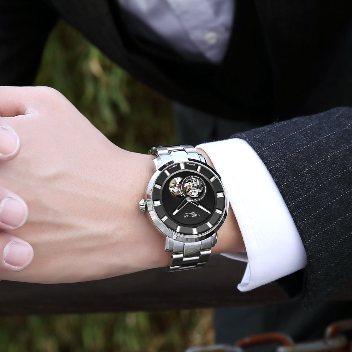 MEGIR Men Watch Hollow Out Automatic Mechanical Stainless Steel Wristwatch Waterproof Luxury Business Wrist Watch Montre Homme