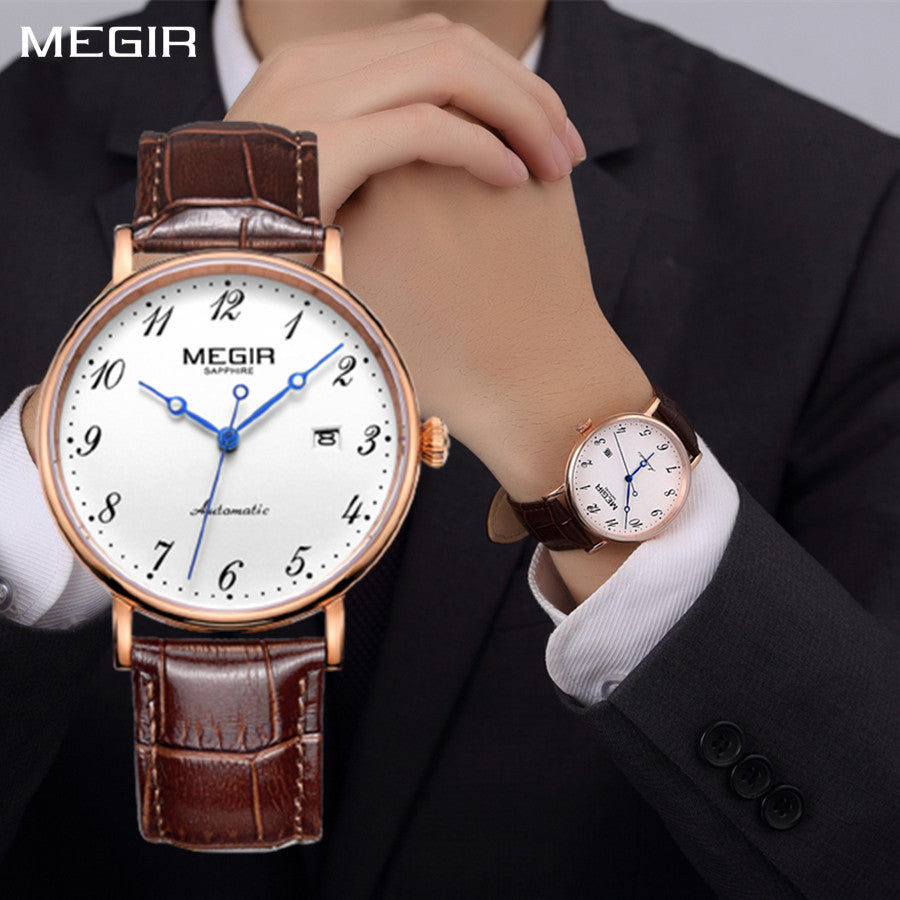 MEGIR Luxury Automatic Mechanical Watch for Men Large Dial Sapphire Leather Strap Male Wristwatch Sports Waterproof Date Clock 62012
