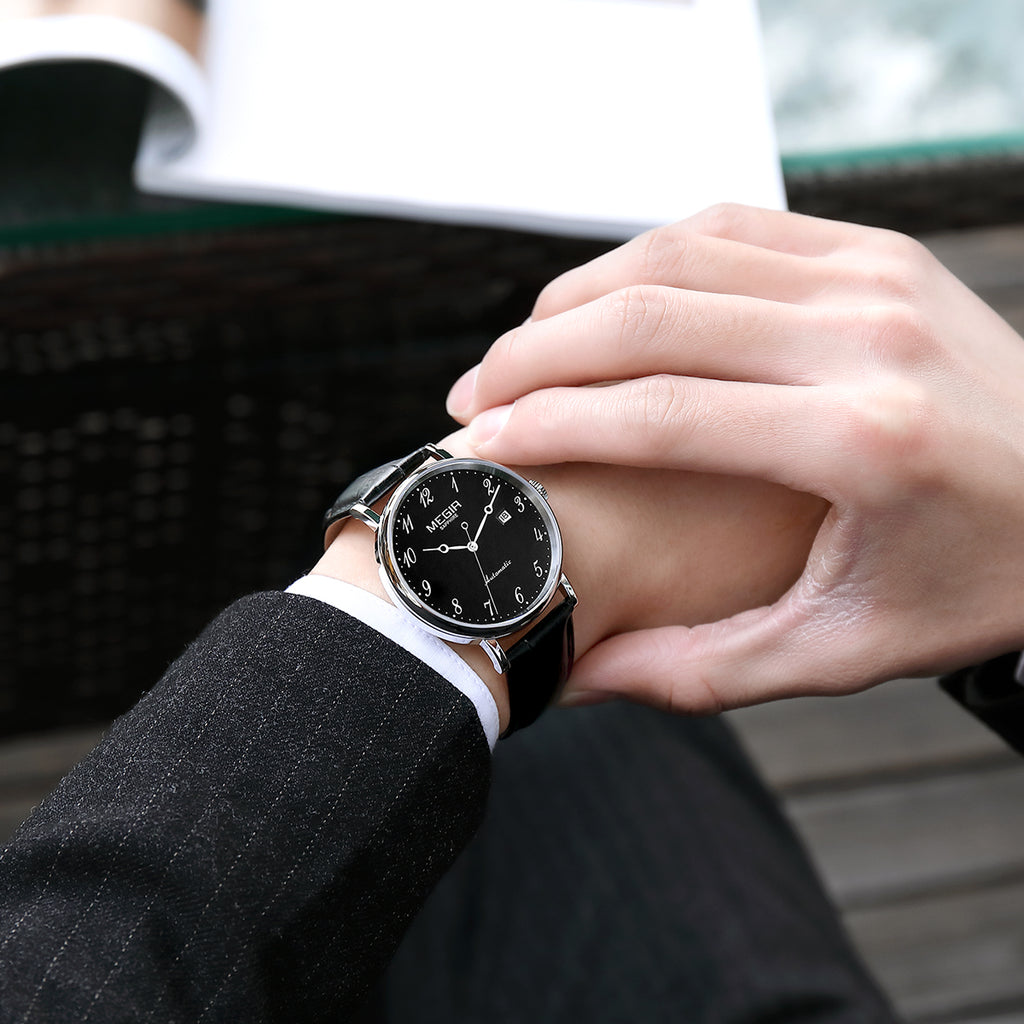 MEGIR Luxury Automatic Mechanical Watch for Men Large Dial Sapphire Leather Strap Male Wristwatch Sports Waterproof Date Clock 62012