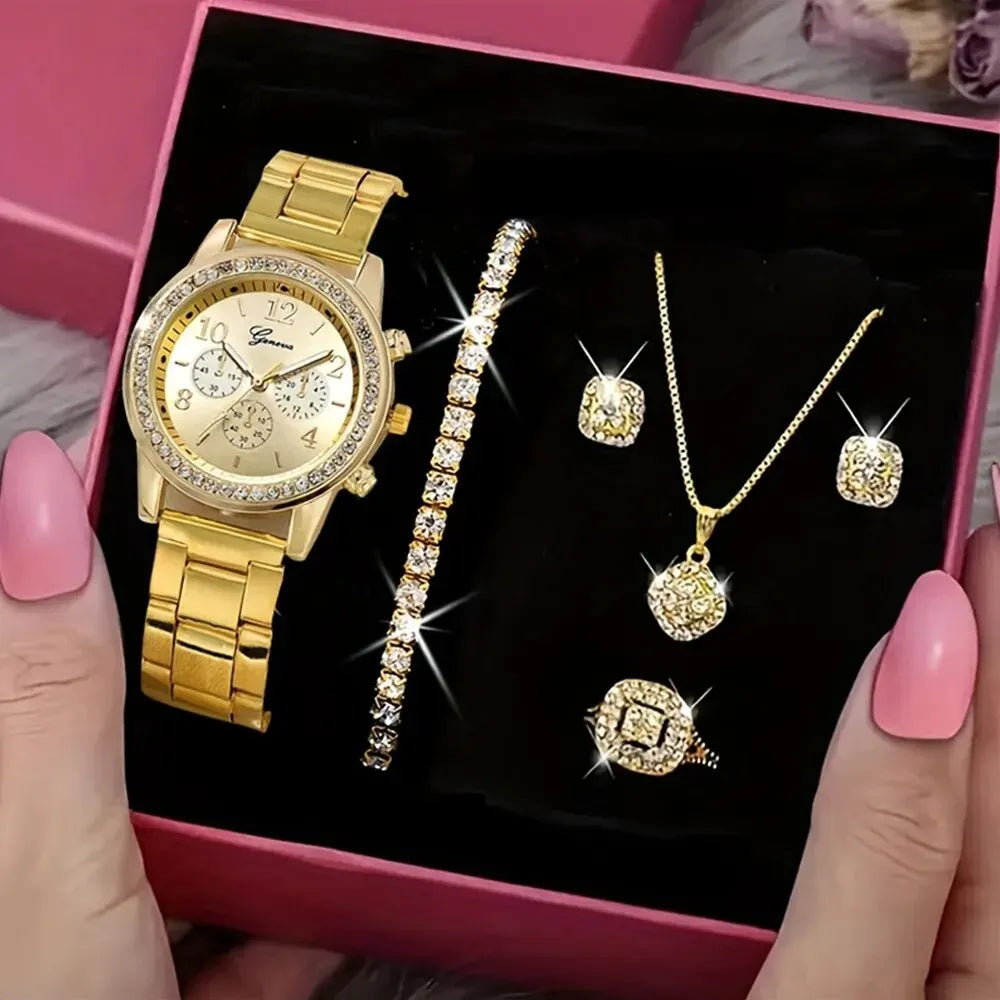 Womens Luxury Gold Watch Jewelry Set (5PCS)-2
